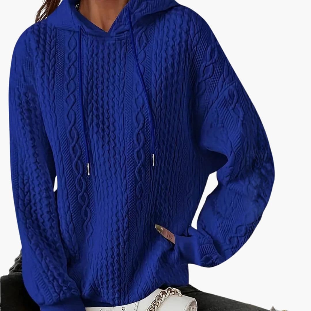 Women's twisted texture hoodie sweatshirt, relaxed fit, drawstring hood, ribbed cuffs, cozy winter style