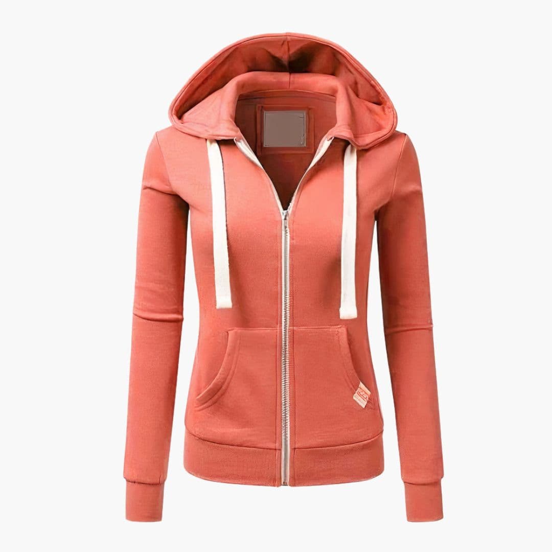 Women's zip-up hoodie neutral tone adjustable hood front pockets full-length zipper casual comfort