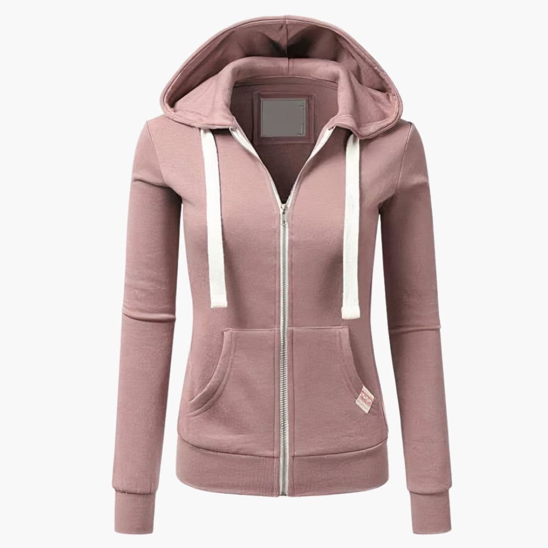 Women's zip-up hoodie neutral tone adjustable hood front pockets full-length zipper casual comfort fit