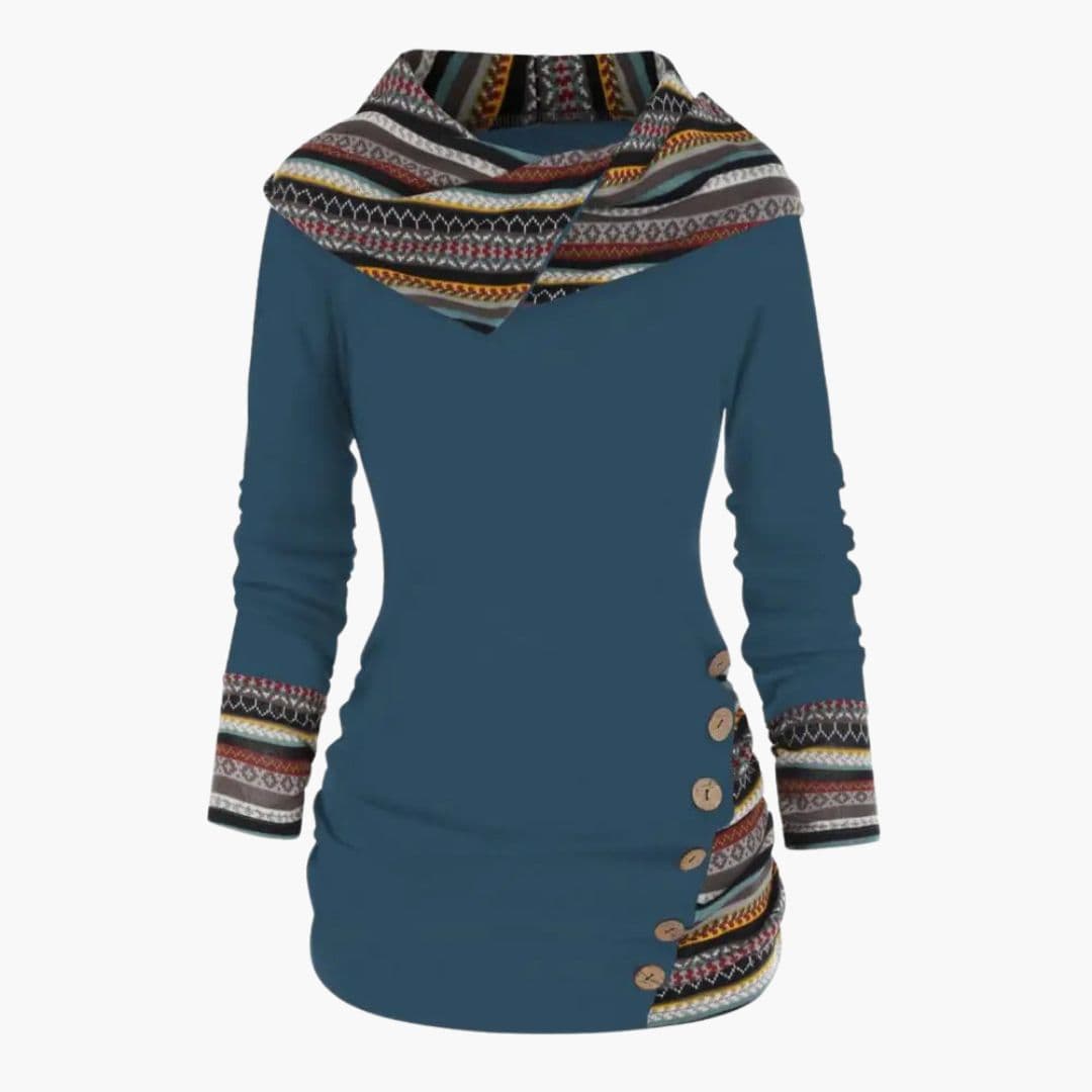 Women's loose fit hoodie with geometric cuff pattern, side button detailing, and contrasting hood lining