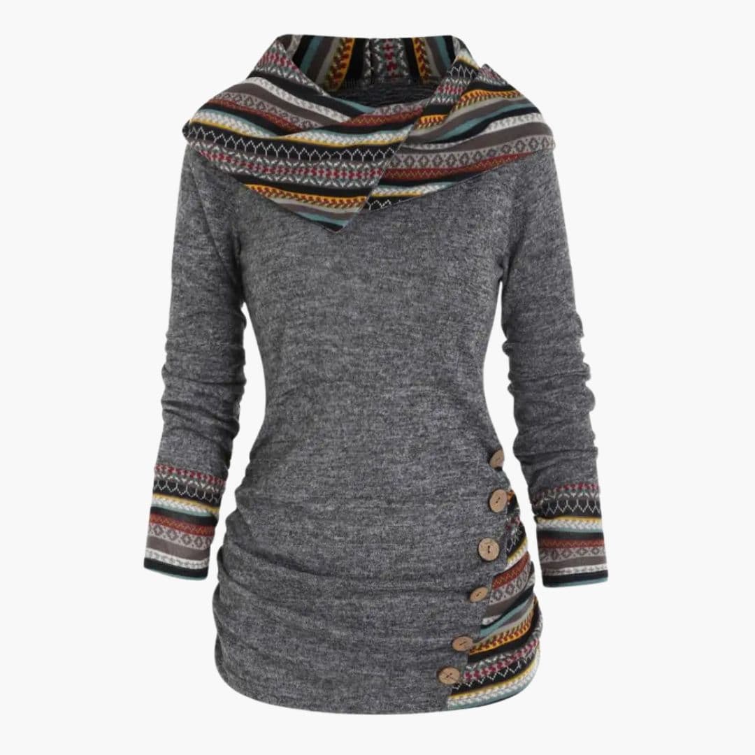 Women's loose fit hoodie with geometric cuff pattern, side button detailing, and contrasting hood lining