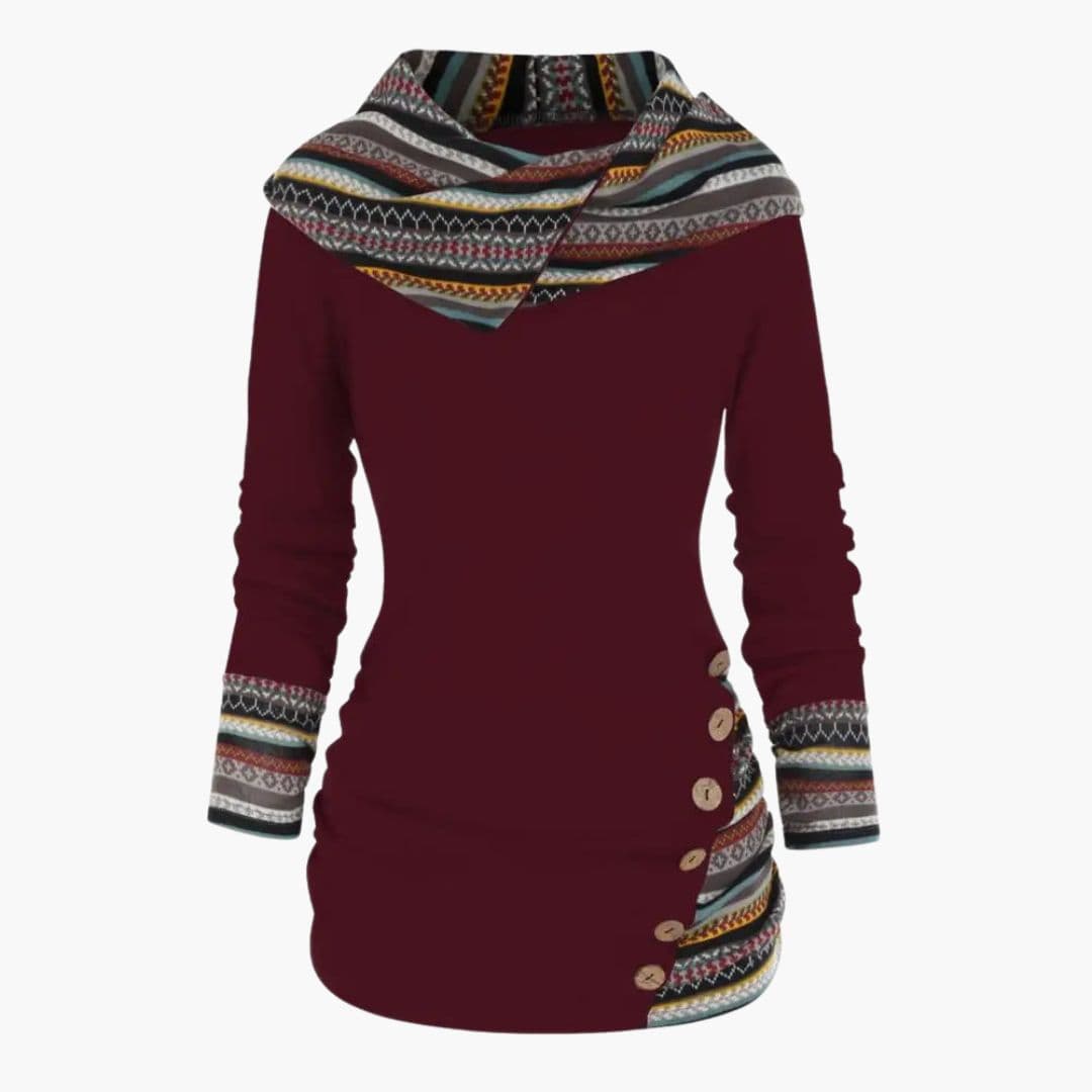 Women's loose fit hoodie with geometric cuff pattern, side button detailing, and contrasting lined hood