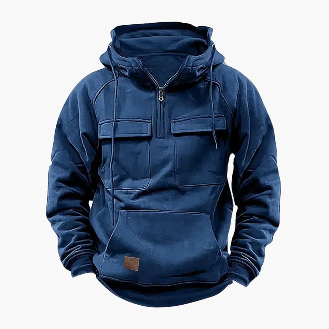 Men's gray half-zip hoodie with kangaroo pocket, chest flap pockets, and adjustable drawstring hood