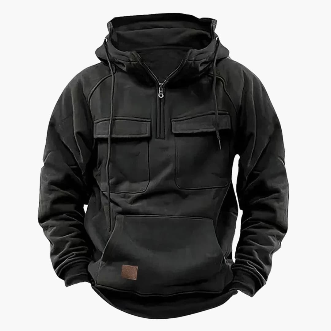 Men's grey half-zip hoodie with kangaroo pocket, chest flap pockets, and adjustable drawstring hood