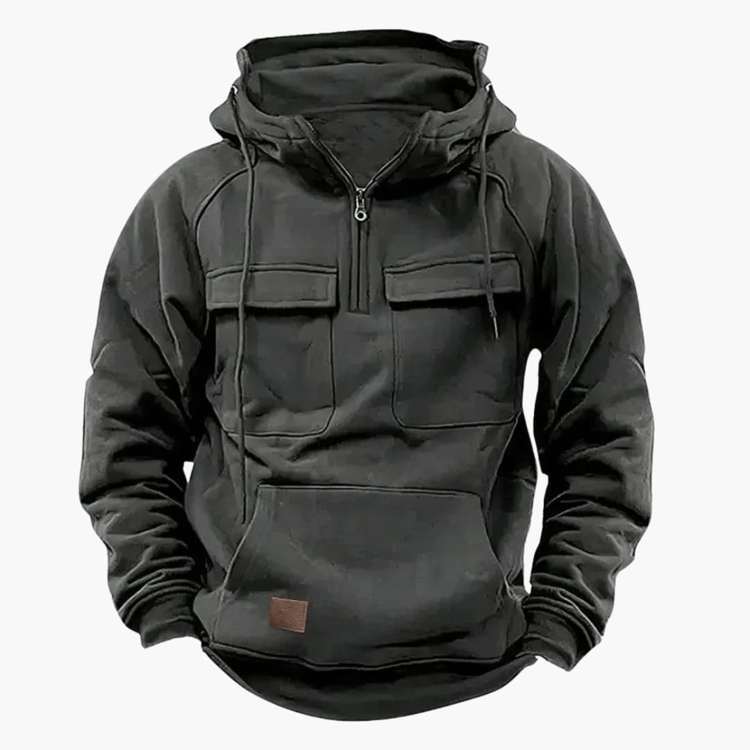 Men's gray half-zip hoodie with kangaroo pocket, chest flap pockets, and adjustable drawstring hood