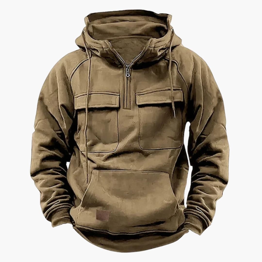 Men's gray half-zip hoodie with kangaroo pocket, chest pockets, and adjustable drawstring hood