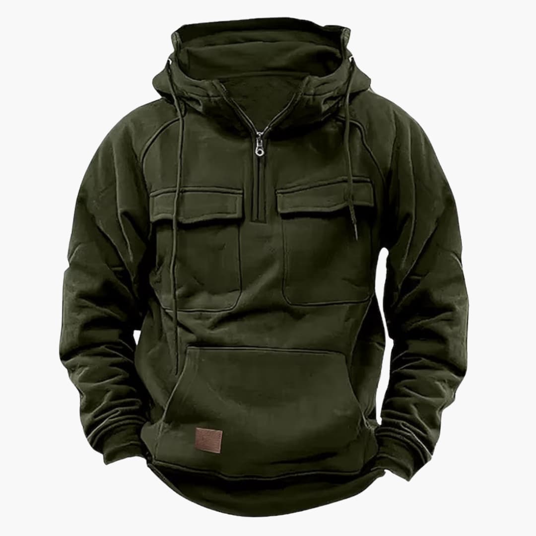 Men's gray half-zip hoodie with kangaroo pocket, chest flap pockets, and adjustable drawstring hood