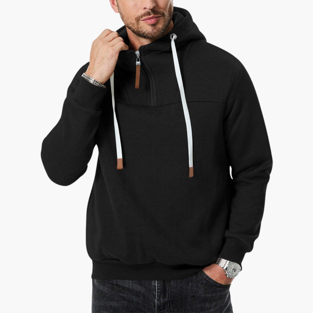 Men's gray cozy quarter-zip hoodie sweatshirt with kangaroo pocket and adjustable drawstring hood