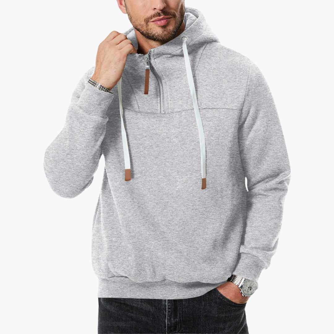 Men's cozy gray quarter-zip hoodie sweatshirt with kangaroo pocket and adjustable drawstring hood