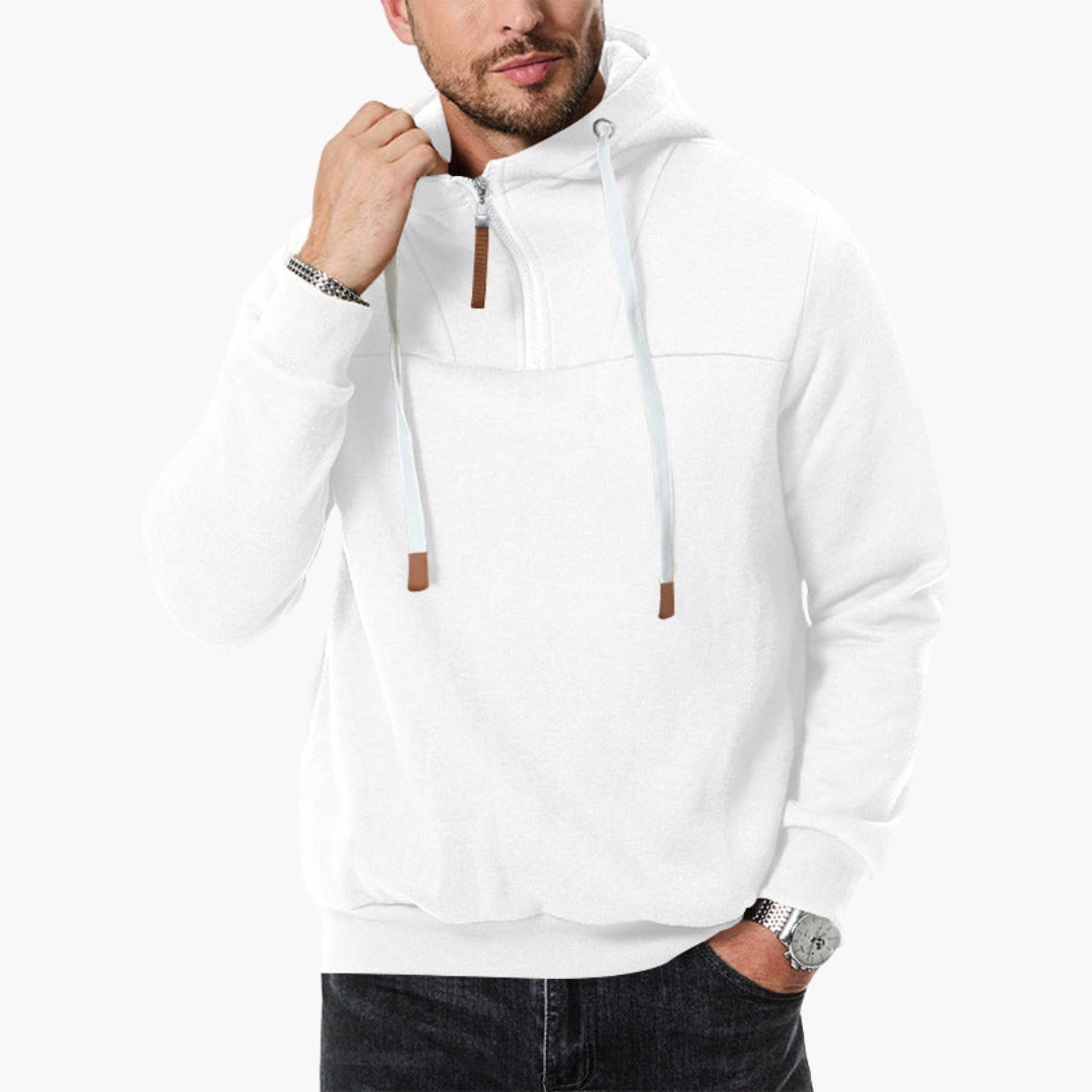 Men's gray cozy quarter-zip hoodie sweatshirt with kangaroo pocket and adjustable drawstring hood