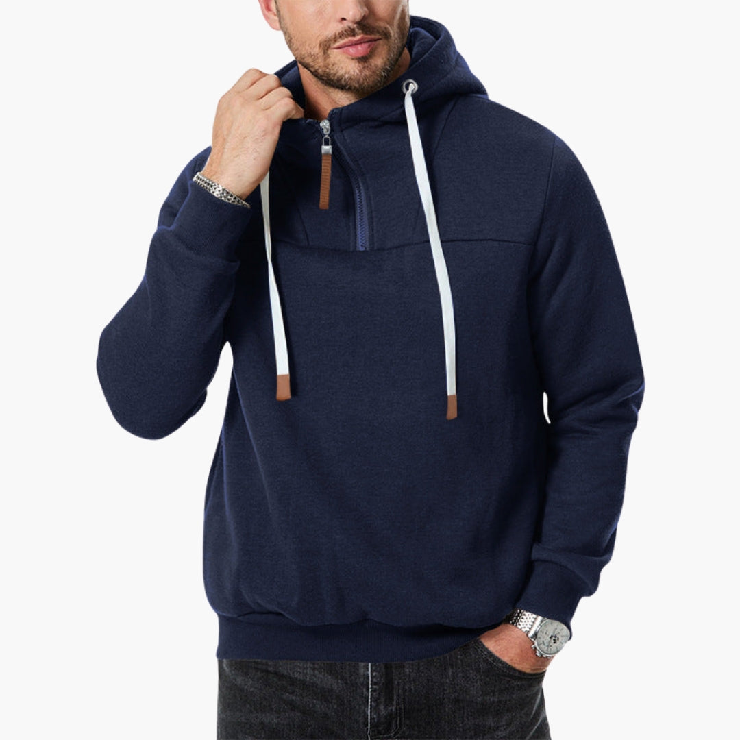 Men's cozy gray quarter-zip hoodie sweatshirt with kangaroo pocket and adjustable drawstring hood