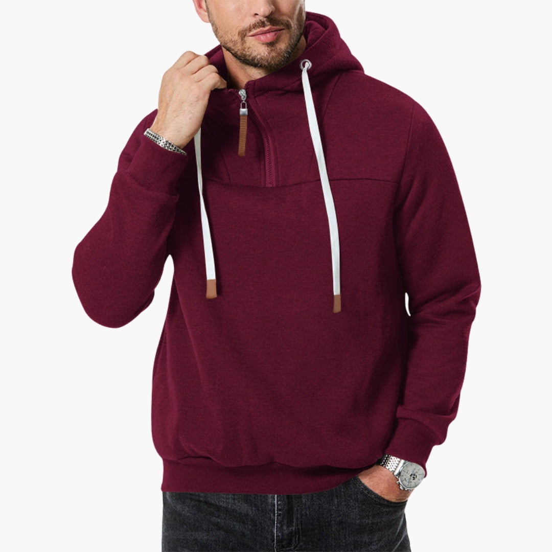 Men's cozy gray quarter-zip hoodie sweatshirt with kangaroo pocket and adjustable drawstring hood