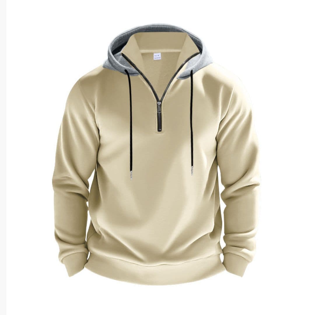 Men's zip hoodie in neutral tone with stand-up collar, adjustable drawstring hood, and full-length front zip