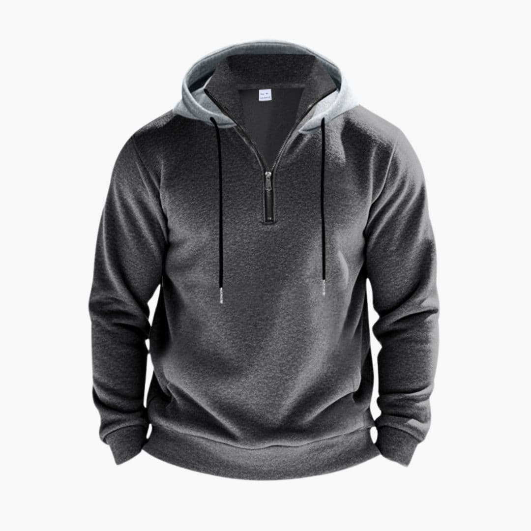 Men's zip hoodie in neutral tone with stand-up collar, adjustable drawstring hood, and full-length front zip