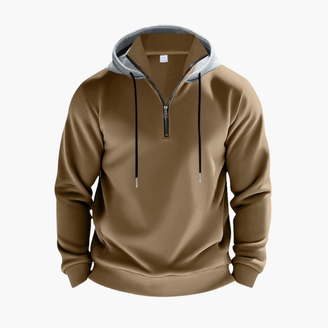 Men's zip hoodie black stand-up collar adjustable drawstring hood full-length front zip closure
