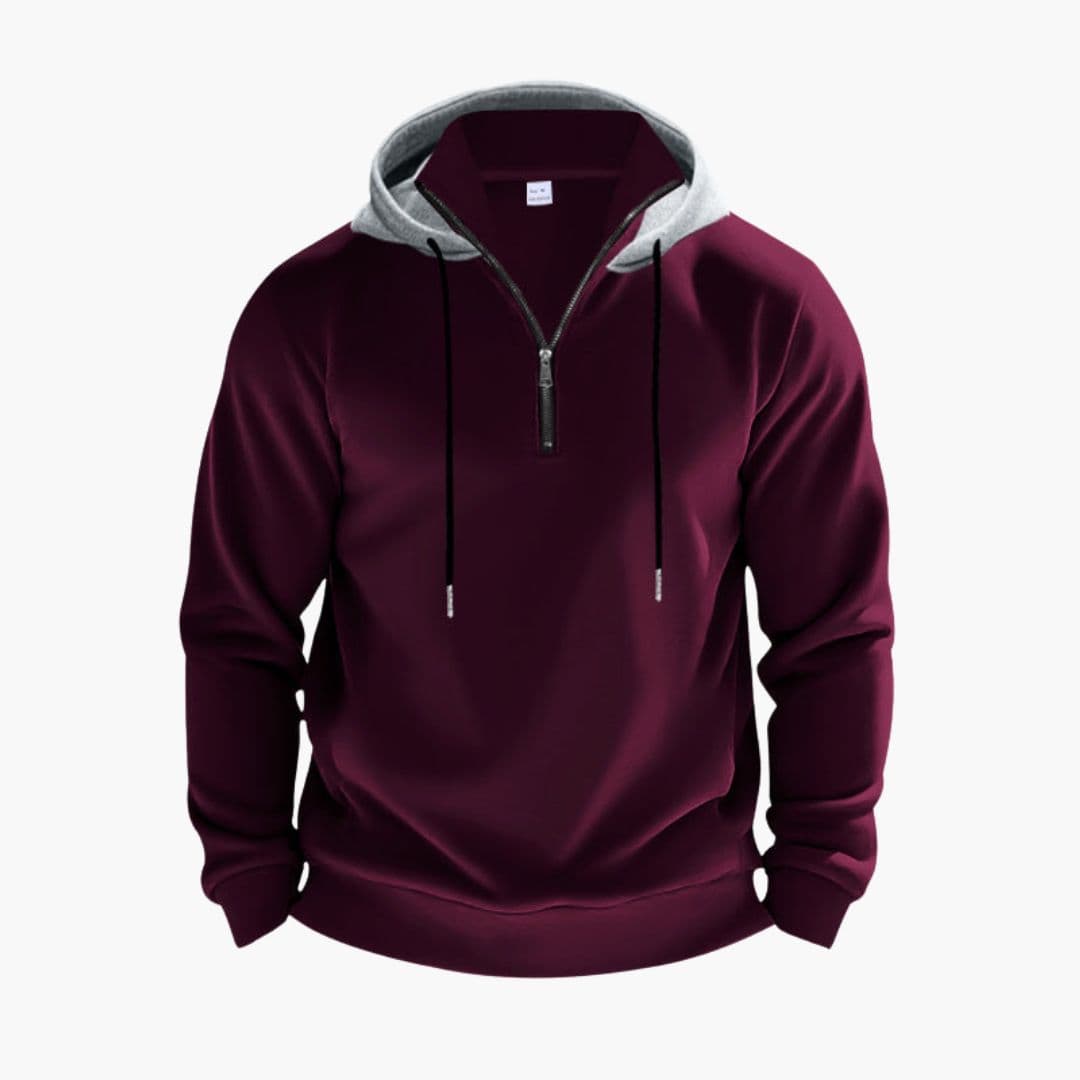 Men's zip hoodie black stand-up collar adjustable drawstring hood full-length front zip closure