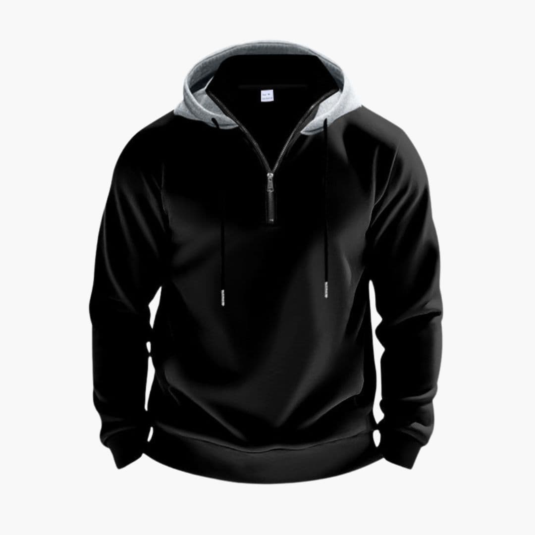 Men's zip hoodie in solid color with stand-up collar, adjustable drawstring hood, and full-length front zip