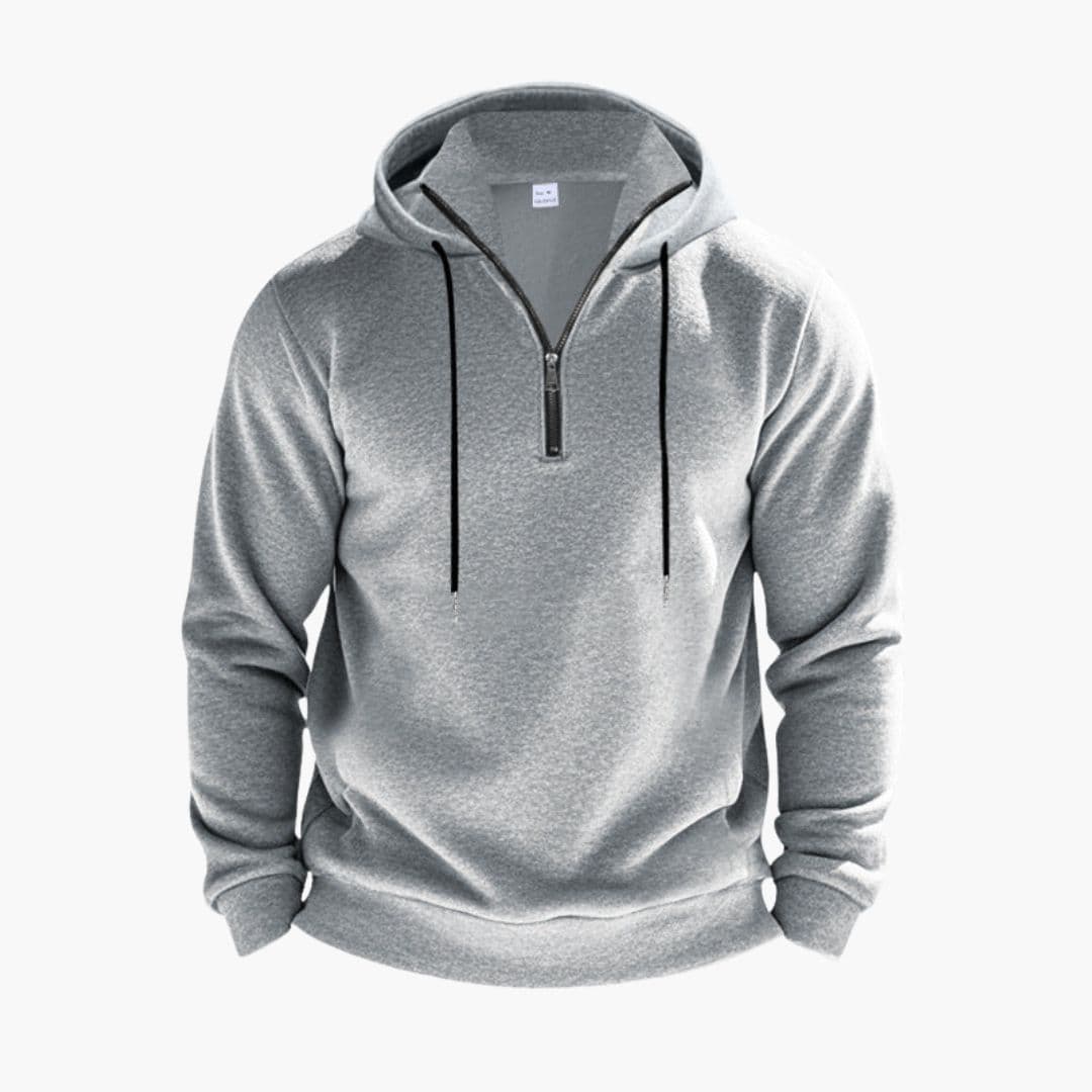 Men's zip hoodie in neutral tone with stand-up collar, adjustable drawstring hood, and full-length front zip