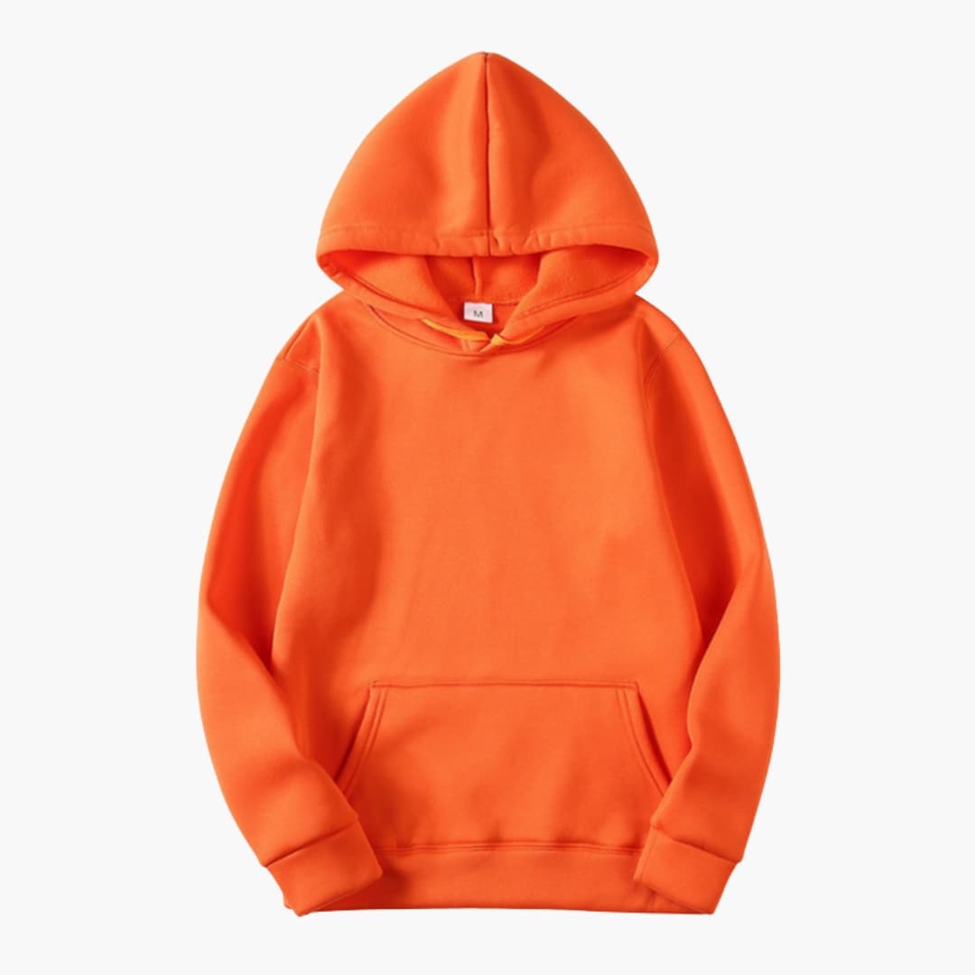 Men's gray pullover hoodie with kangaroo pocket, adjustable drawstring hood, clean logo-free design