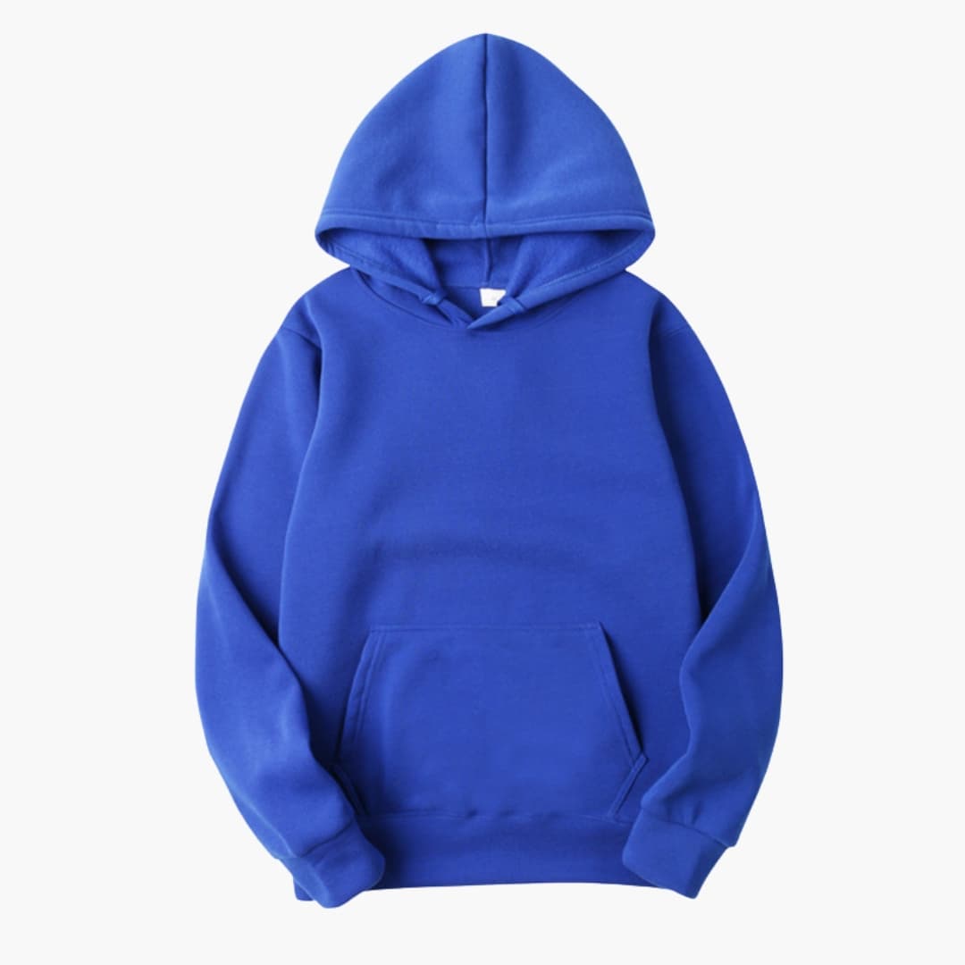 Men's gray pullover hoodie with kangaroo pocket, adjustable drawstring hood, clean logo-free design