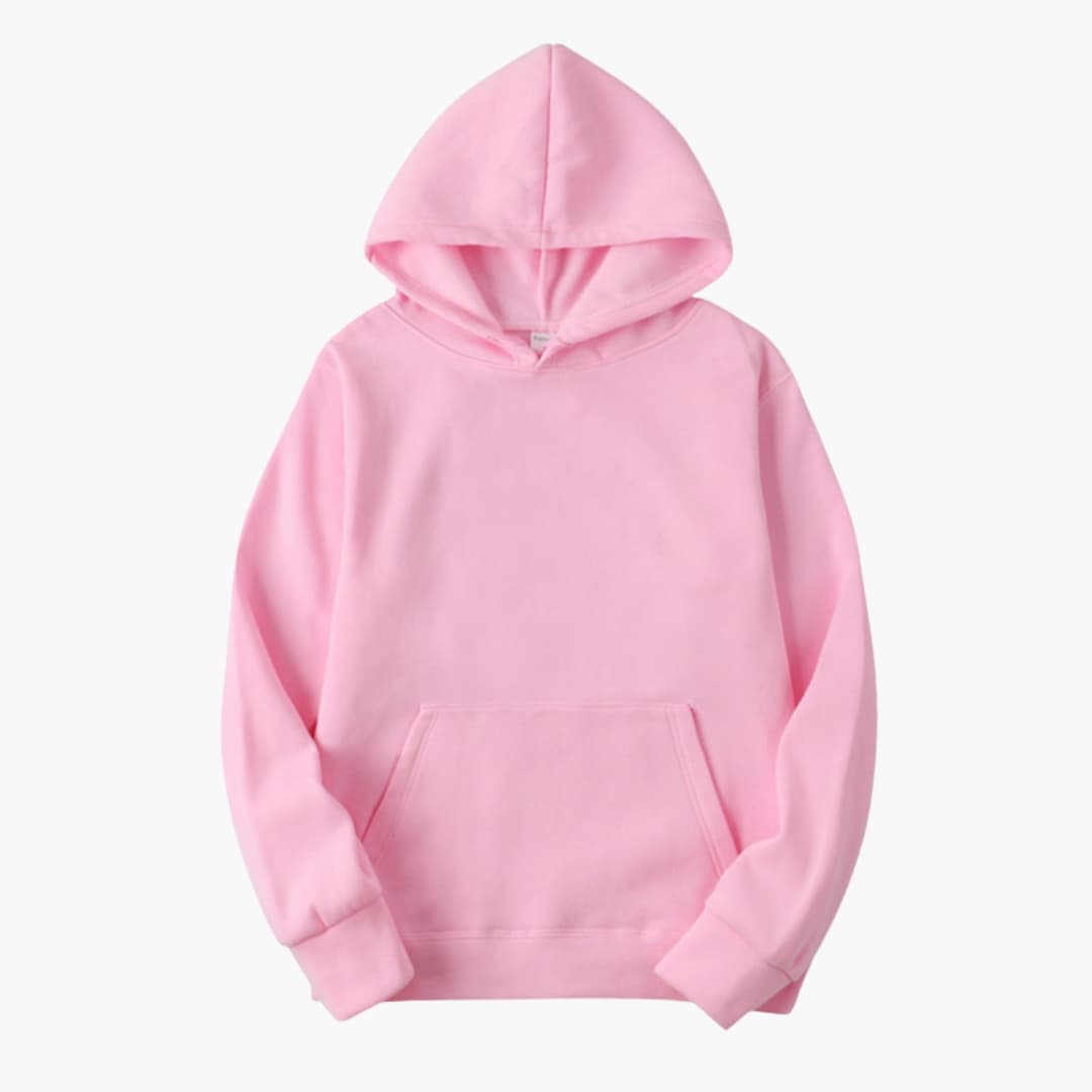 Men's gray pullover hoodie with kangaroo pocket, adjustable drawstring hood, clean logo-free design