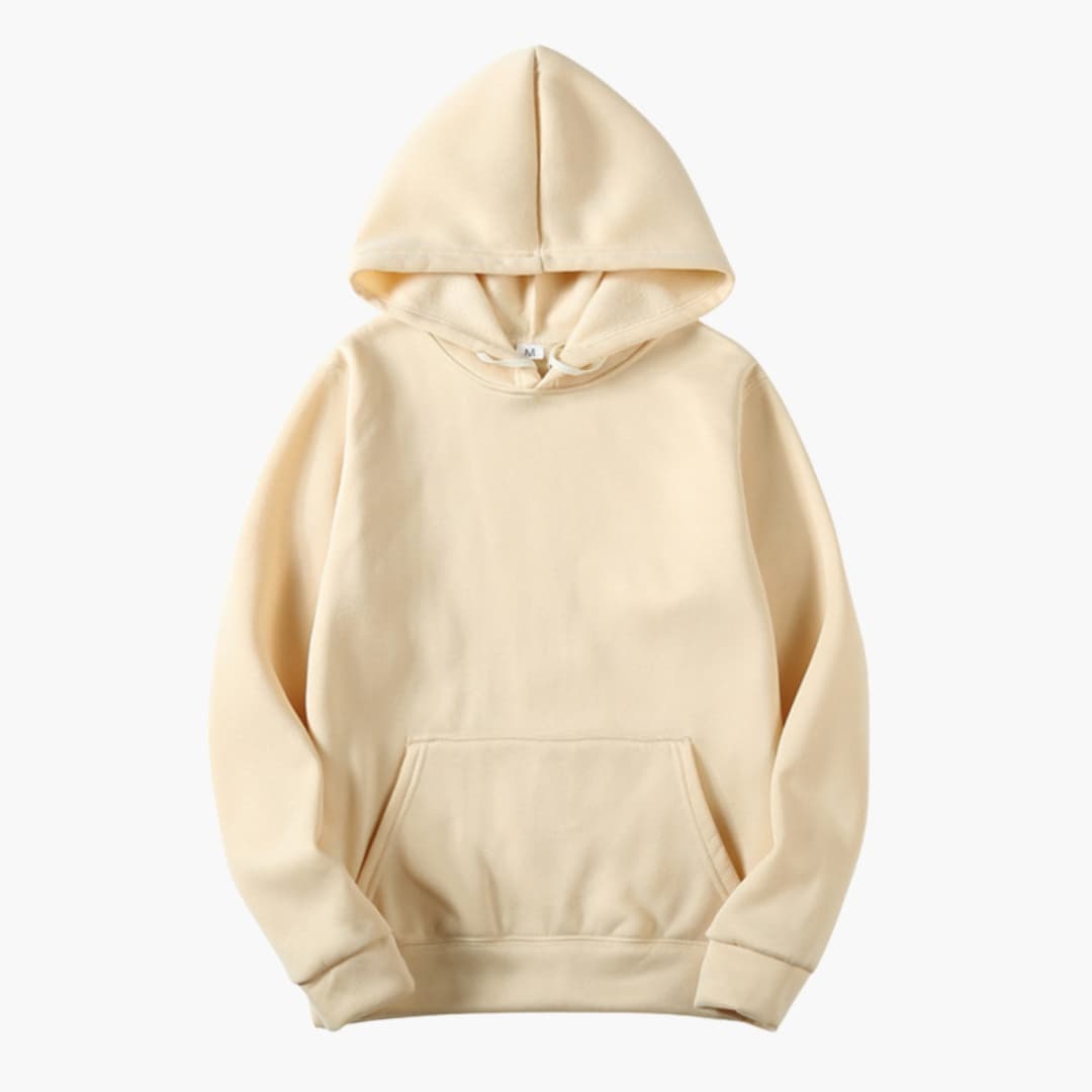 Men's gray pullover hoodie with kangaroo pocket, adjustable drawstring hood, clean logo-free design