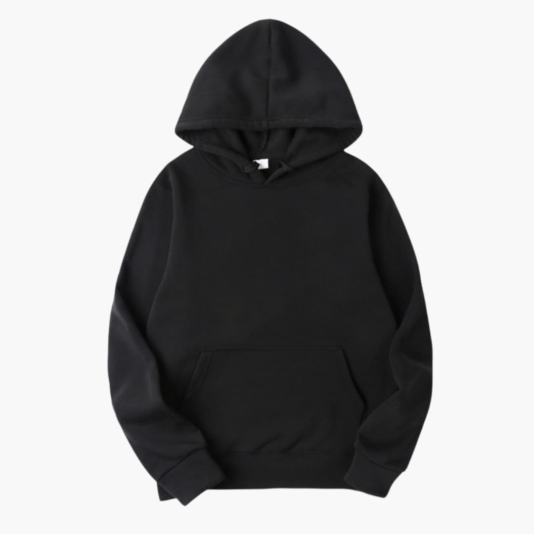 Men's gray pullover hoodie with kangaroo pocket, adjustable drawstring hood, clean logo-free design