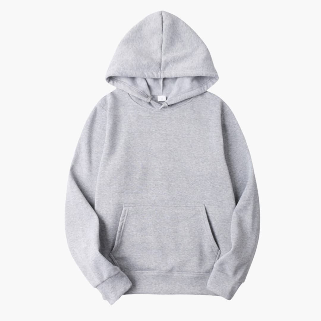 Men's gray pullover hoodie with kangaroo pocket, adjustable drawstring hood, clean logo-free design