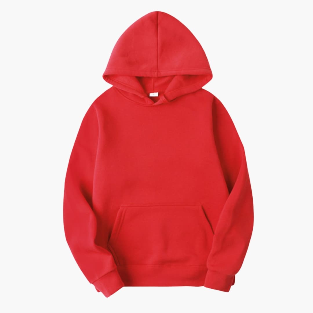 Men's gray pullover hoodie with kangaroo pocket, adjustable drawstring hood, and clean logo-free design