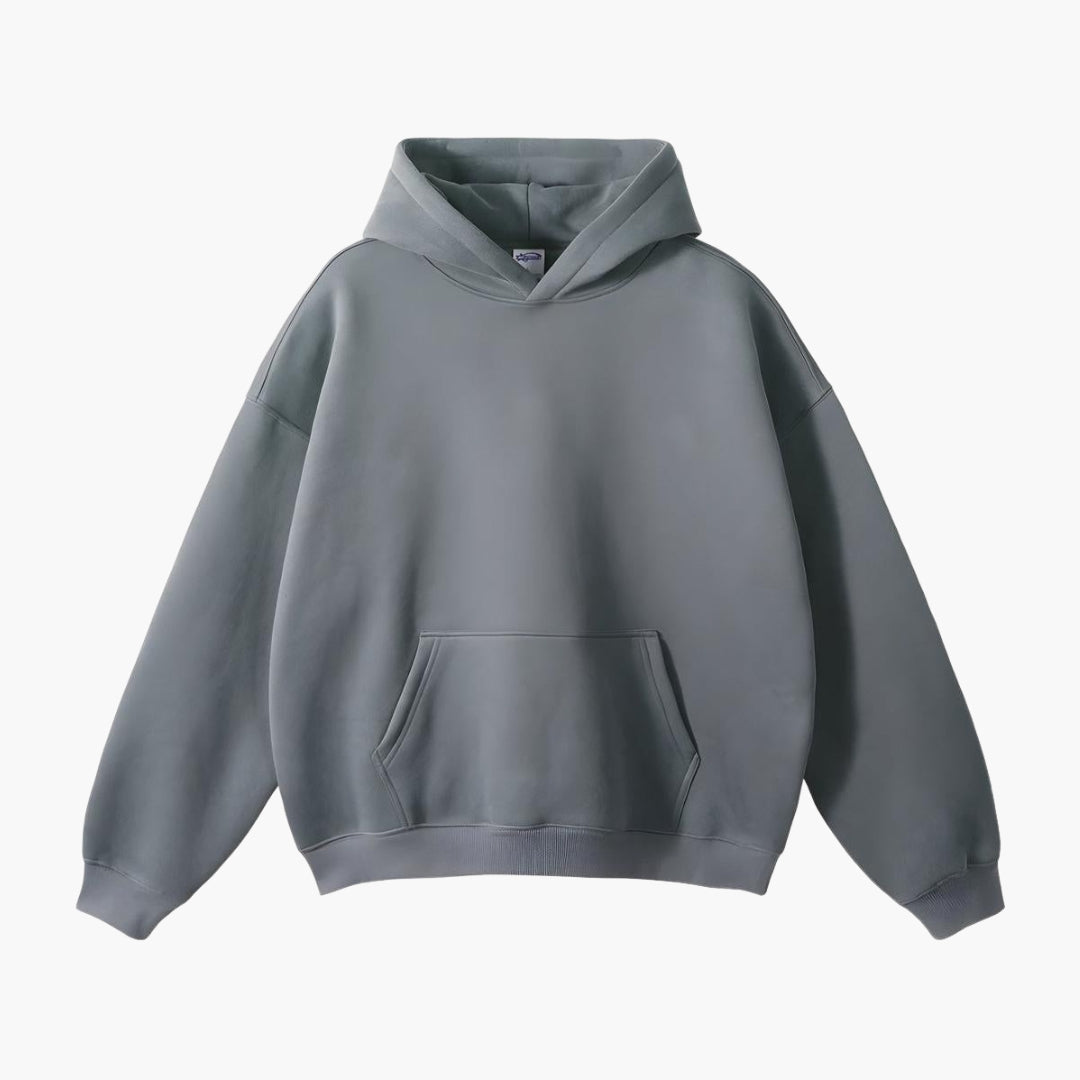 Men's loose fit pullover hoodie with kangaroo pocket, clean streamlined silhouette for casual everyday wear