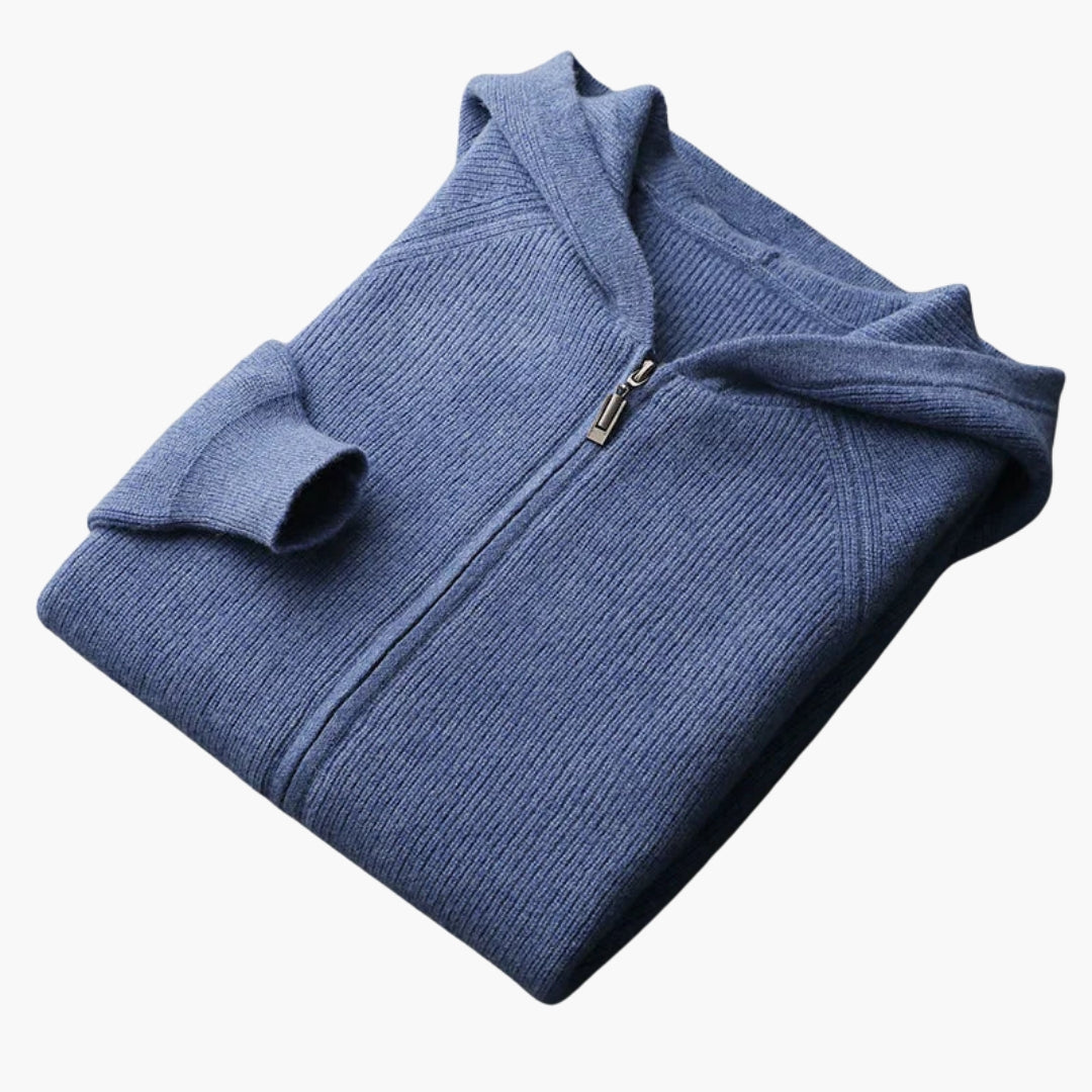 Men's zip-up knit hoodie sweatshirt with ribbed texture, full-zip closure, casual smart style
