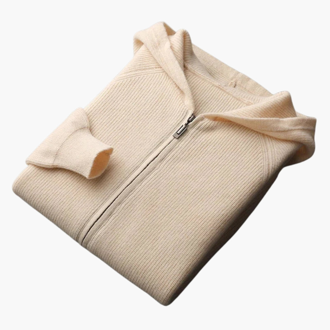 Men's zip-up knit hoodie sweatshirt with ribbed texture, full-zip closure, structured fit