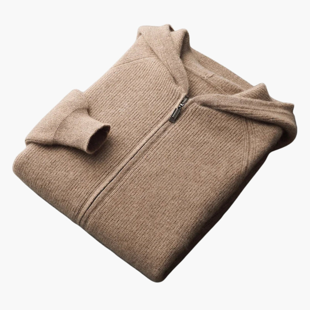Men's zip-up knit hoodie sweatshirt with ribbed texture, full-zip closure, structured casual fit