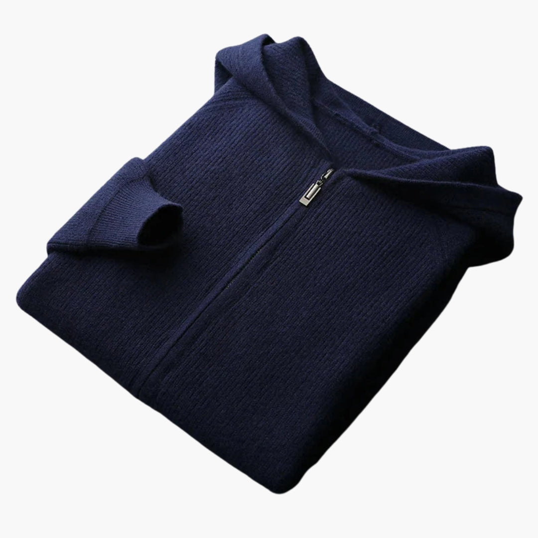 Men's zip-up knit hoodie sweatshirt with ribbed texture, full-zip closure, structured fit