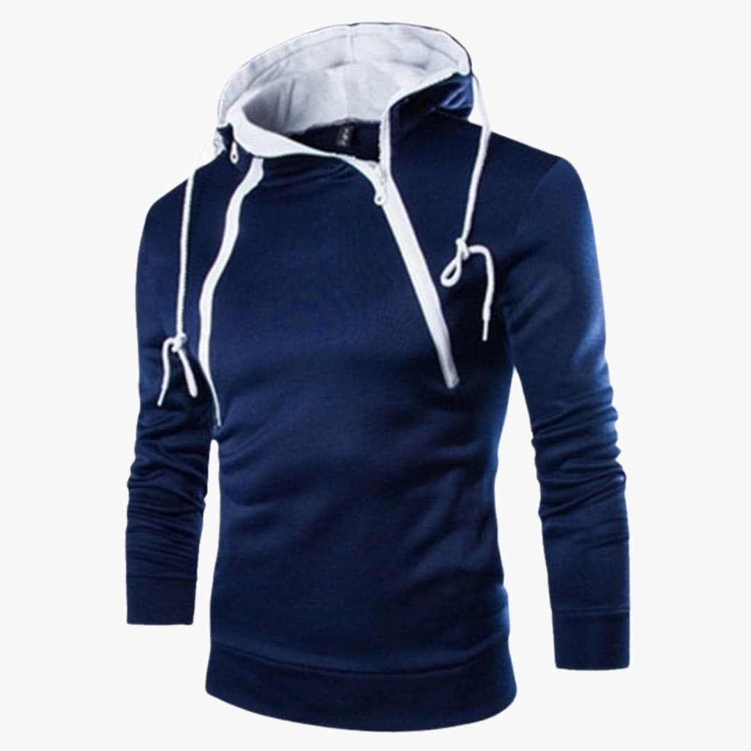 Men's modern gray knit hoodie with asymmetrical zip closure and adjustable drawstring