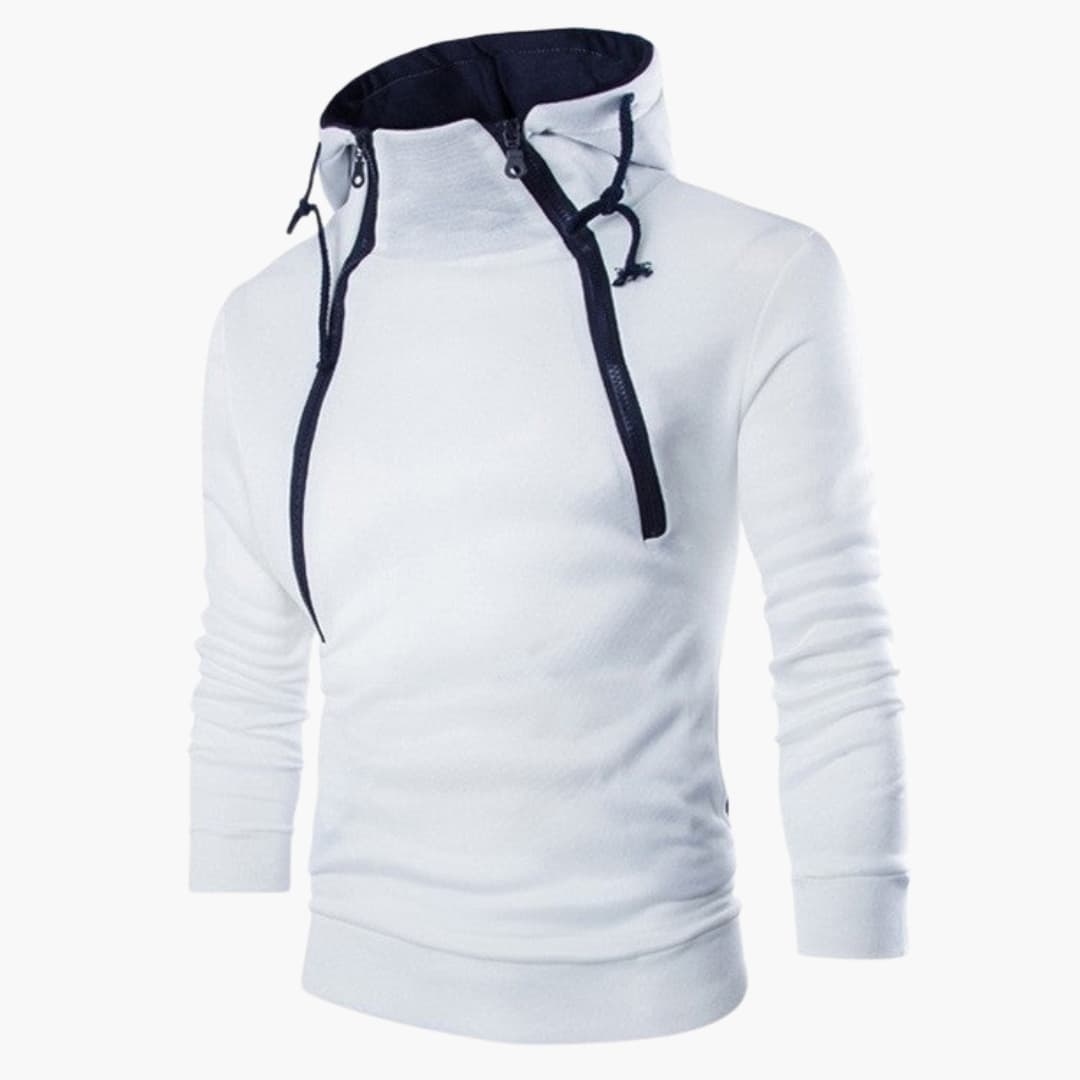 Men's modern asymmetrical zip hoodie with adjustable drawstring, fitted silhouette, structured knit finish