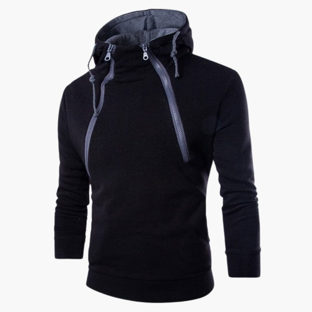 Men's modern gray knit hoodie with asymmetrical zip closure and adjustable drawstring
