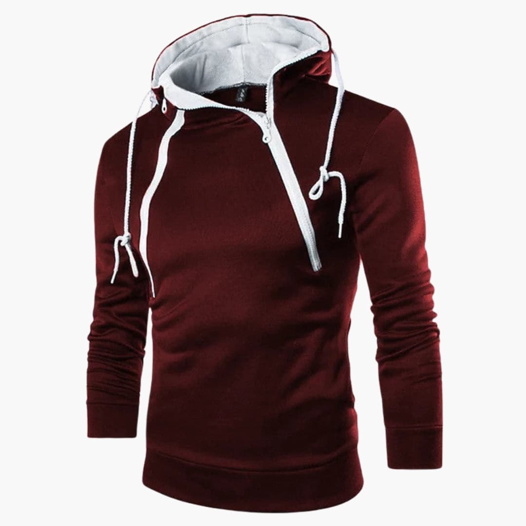 Men's modern asymmetrical zip hoodie with adjustable drawstring, fitted silhouette for fashion-forward style