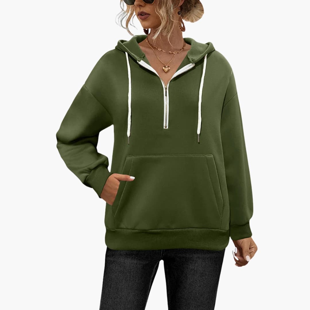 Bright pink women's relaxed fit half-zip hoodie with kangaroo pocket for everyday casual style