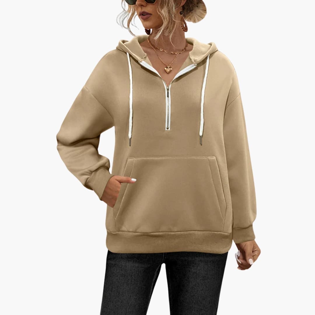 Women's relaxed fit half-zip knit hoodie with kangaroo pocket, modern adjustable neckline everyday style