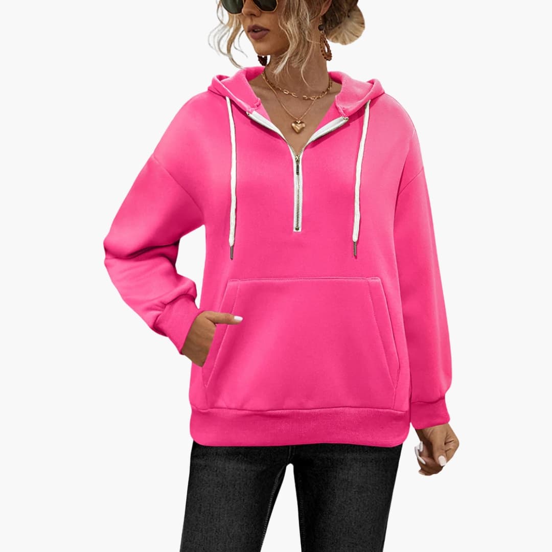 Women's relaxed-fit half-zip knit hoodie with kangaroo pocket, versatile everyday casual style