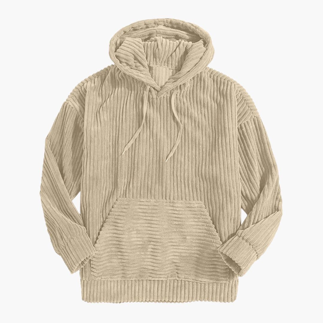 Unisex corduroy hoodie relaxed straight-cut pullover with drawstring hood and kangaroo pocket