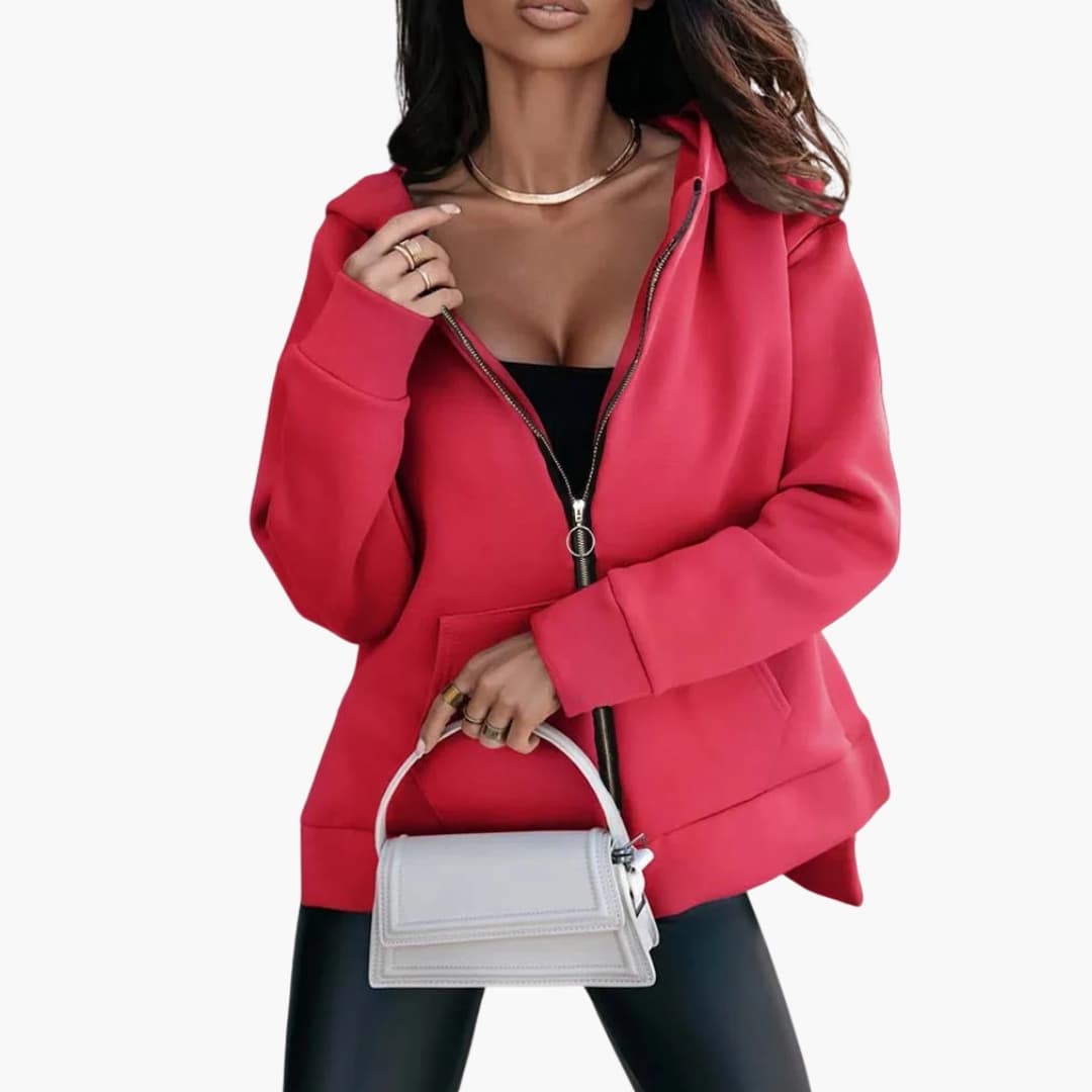 Women's oversized zip-up hoodie relaxed fit with front pockets and drawstring hood streetwear style