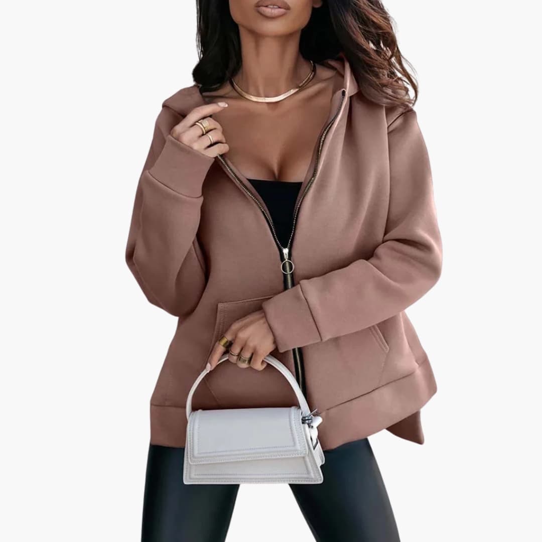 Women's oversized zip-up hoodie relaxed fit with front pockets and drawstring hood streetwear style