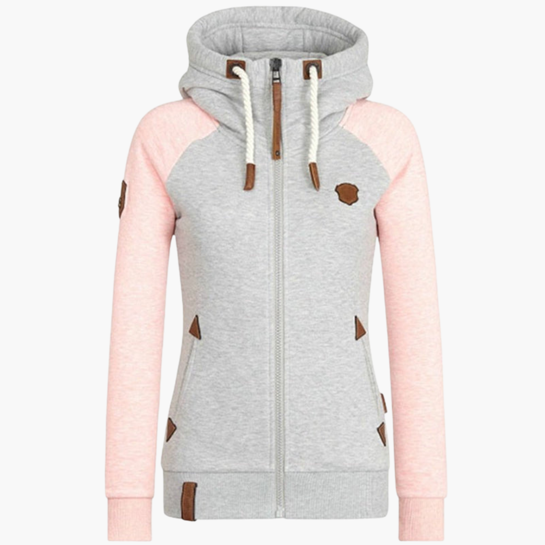 Women's zip-up hoodie with drawstring hood, full-length zipper, and front pockets for casual everyday wear