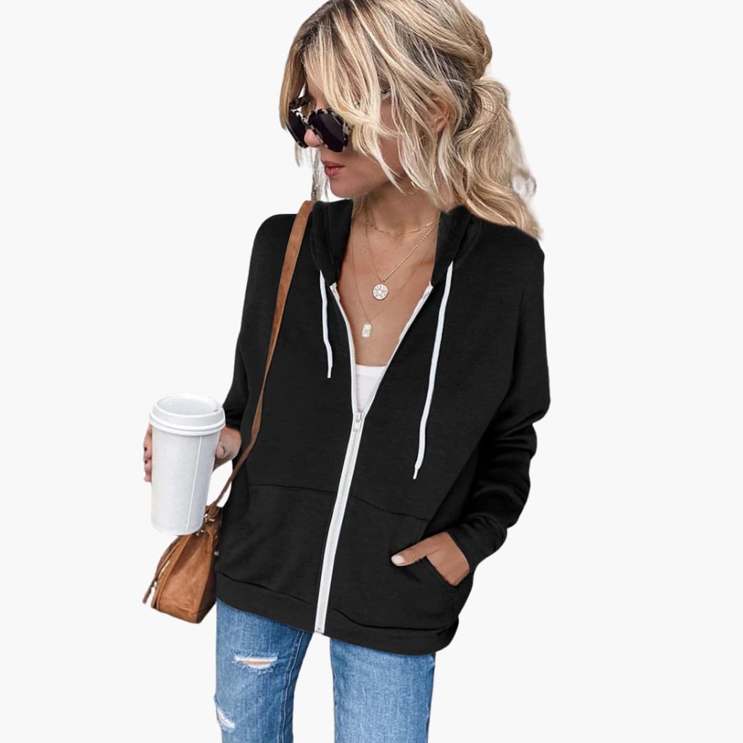 Women's relaxed-fit zip-up hoodie with drawstring hood and front pockets for casual everyday wear