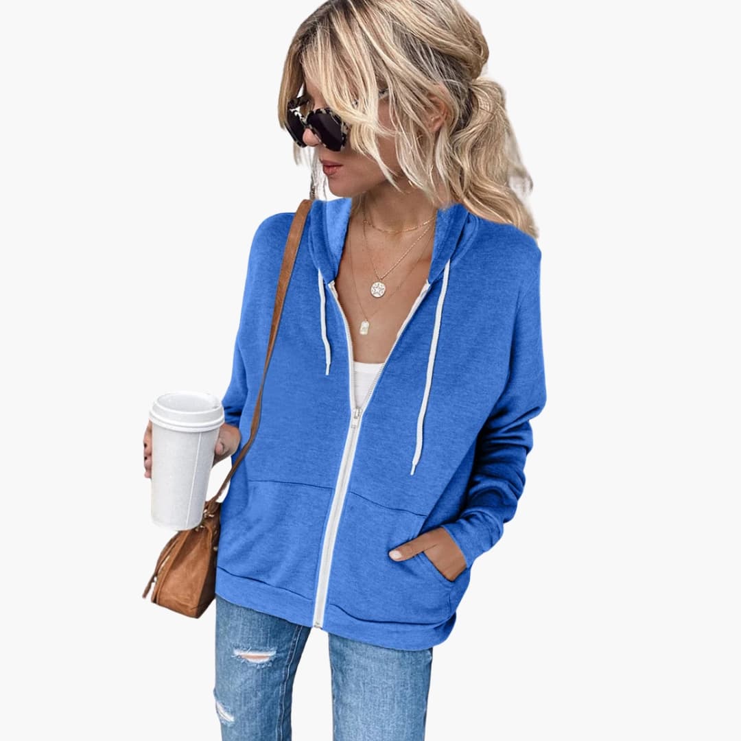 Women's relaxed-fit zip-up hoodie with drawstring hood and front pockets for casual everyday style