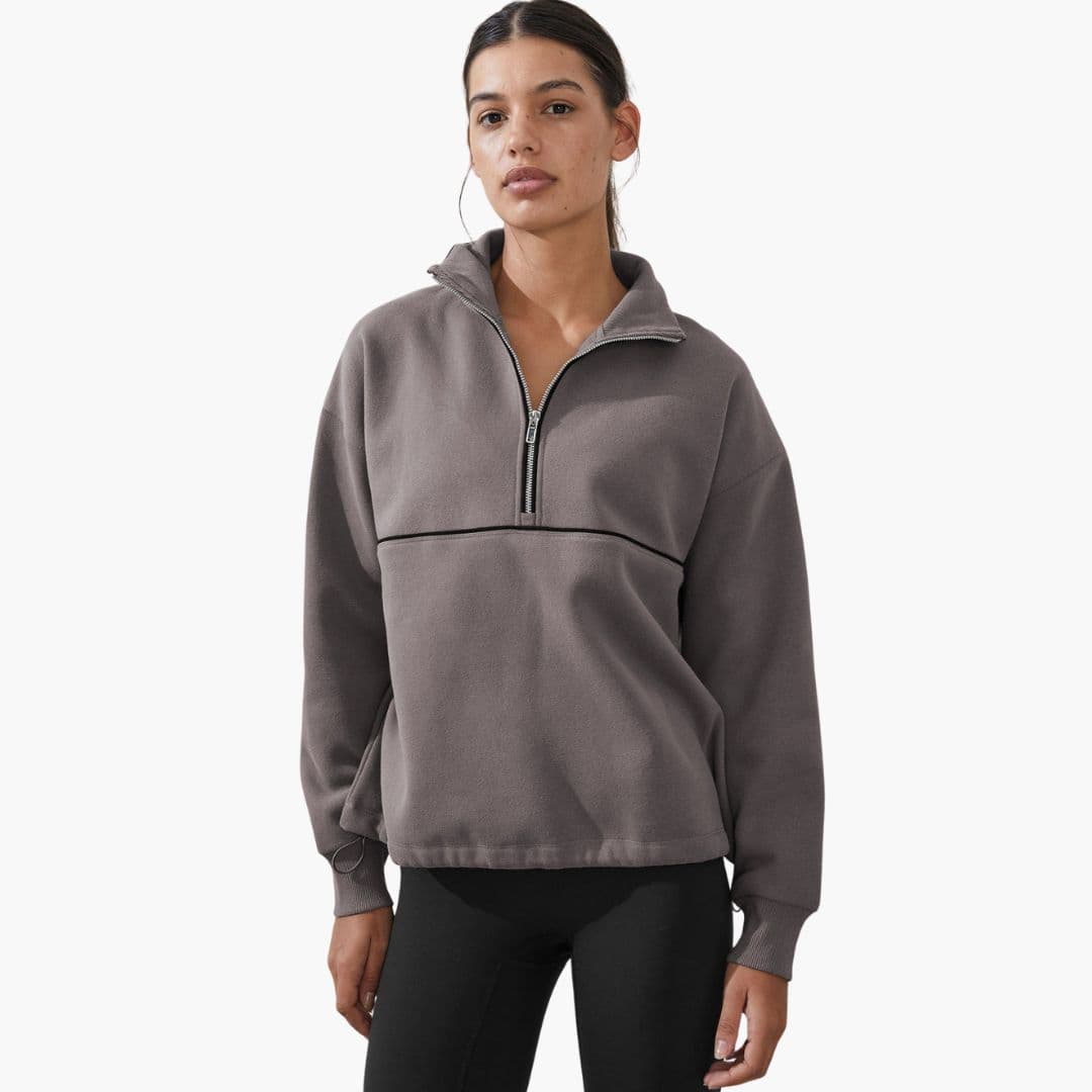 Women's gray half-zip sports sweatshirt stand-up collar loose fit athletic pullover