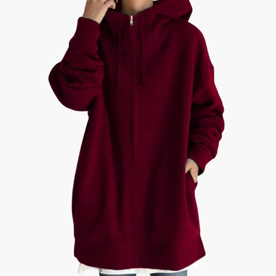 Women's longline zip-up fleece hoodie with side pockets, soft comfort fit for everyday casual wear