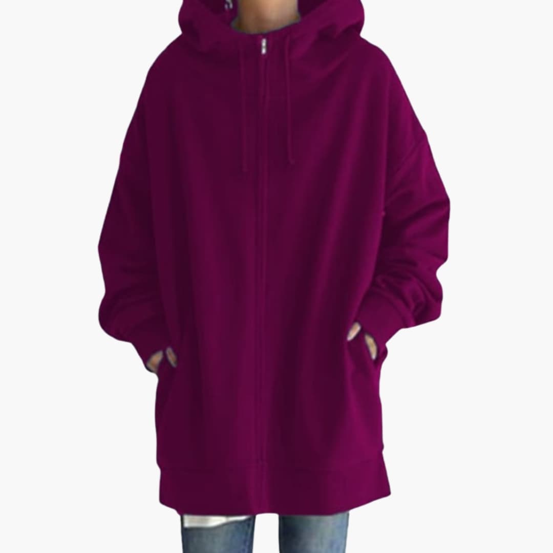 Women's longline zip-up hoodie soft fleece with side pockets, streamlined everyday comfort layer
